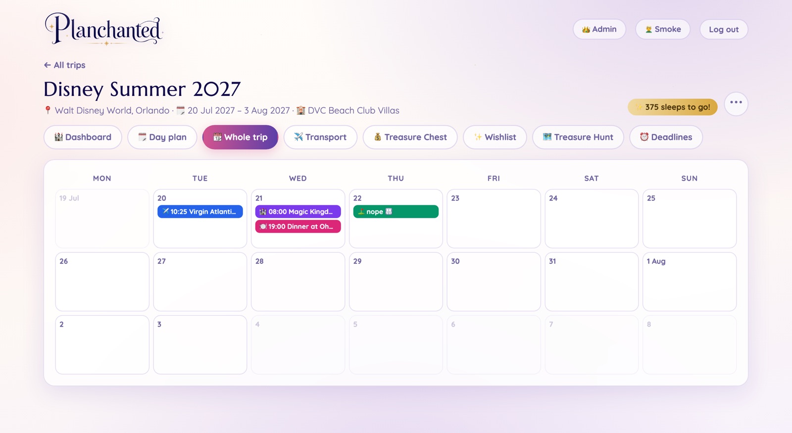 Whole trip calendar view